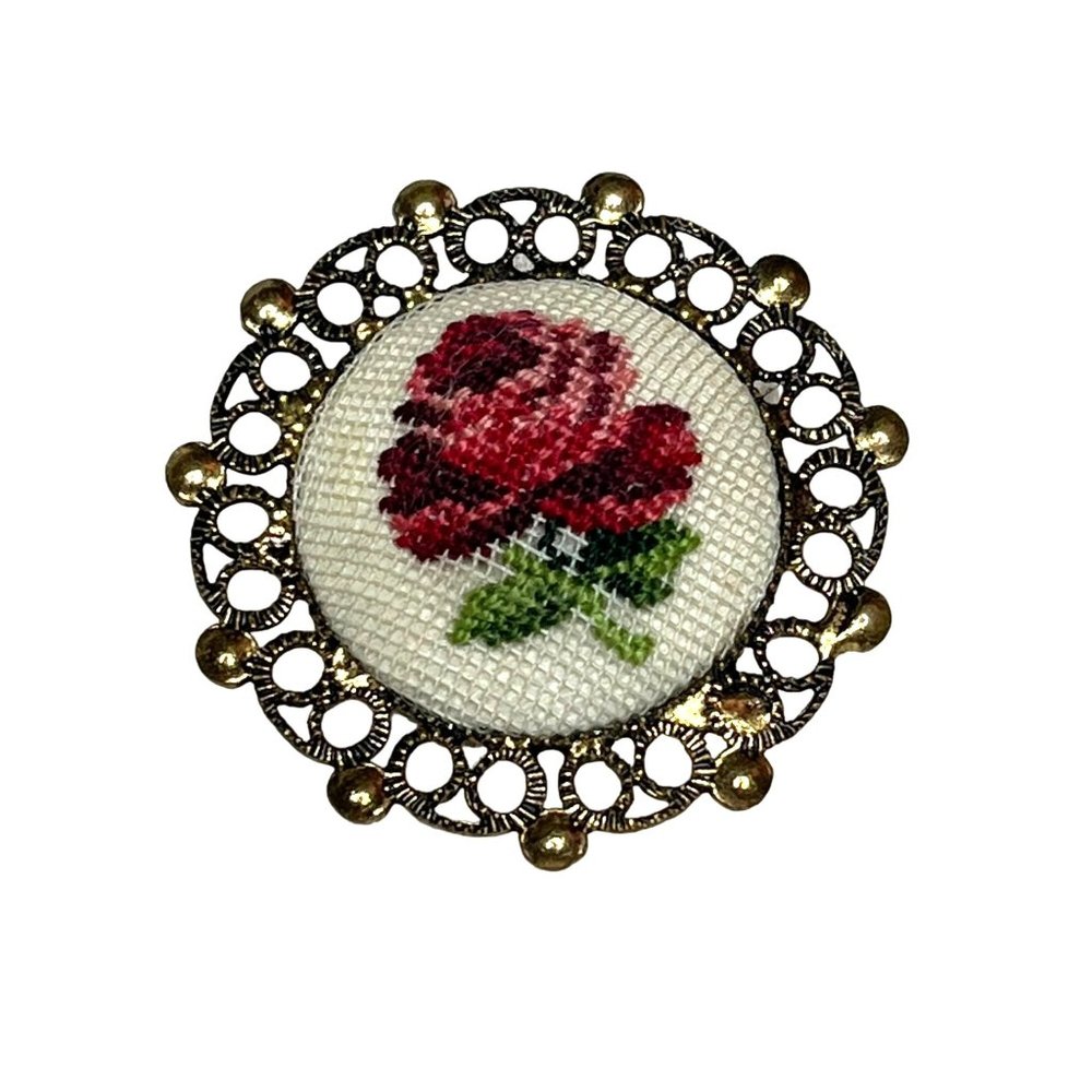 Vintage Petit Point Rose Brooch Gold Tone Filigree Edge Round